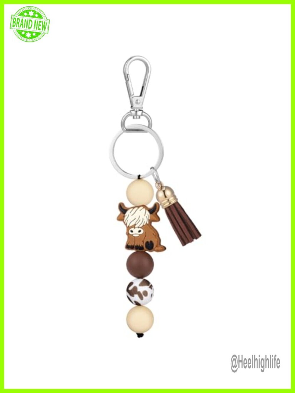 Highland Cow Keychain with Tassel Silicone Beads & Leather Fringe